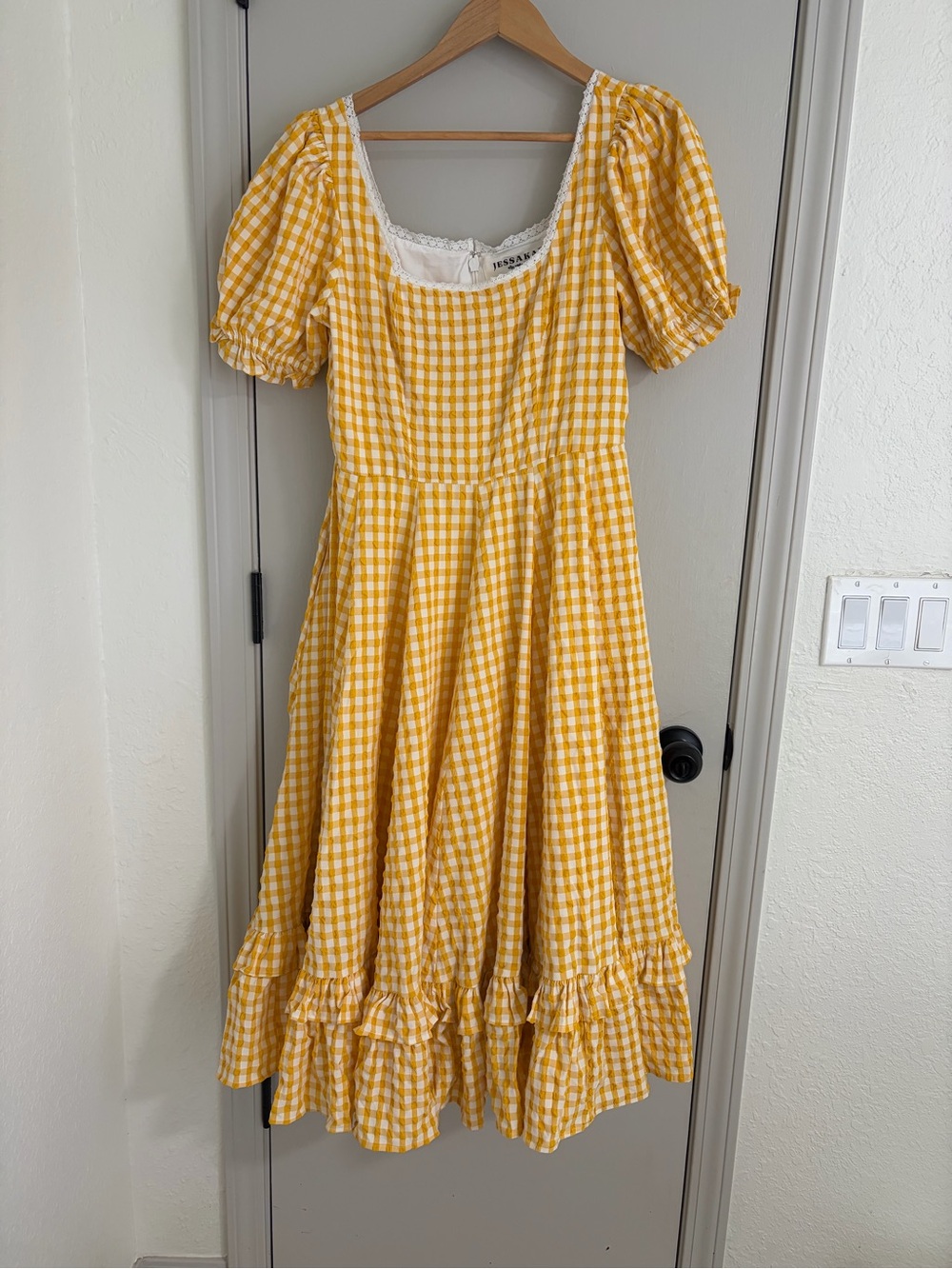 JessaKae Yellow Gingham Puff-Sleeve Dress